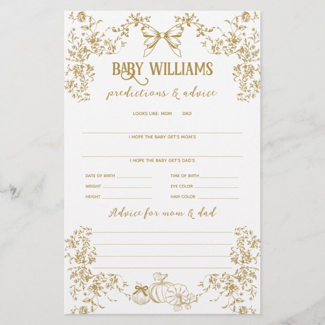 Pumpkin Bow Floral Baby Shower Prediction Game (Front)