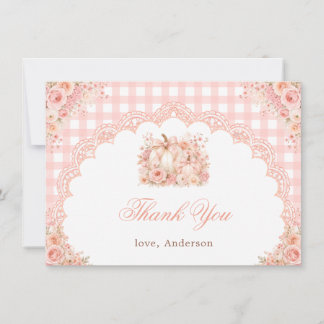 Pumpkin Bow Floral Gingham Baby Shower Thank You Card