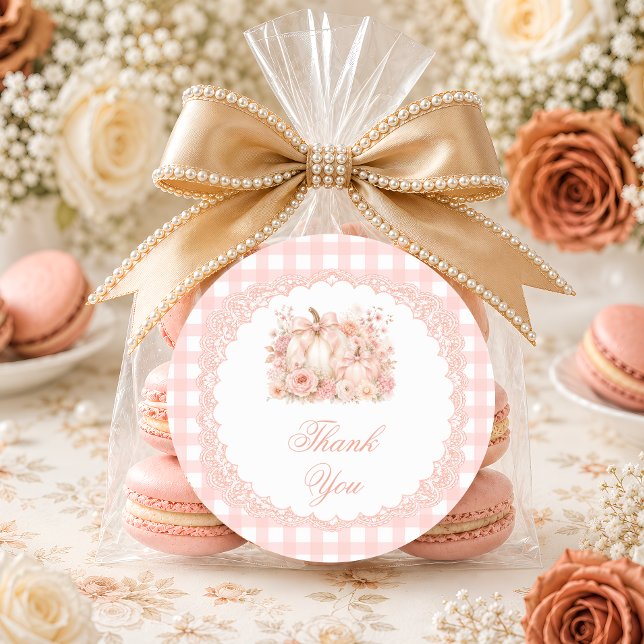 Pumpkin Bow Gingham Thank You Classic Round Sticker (Creator Uploaded)