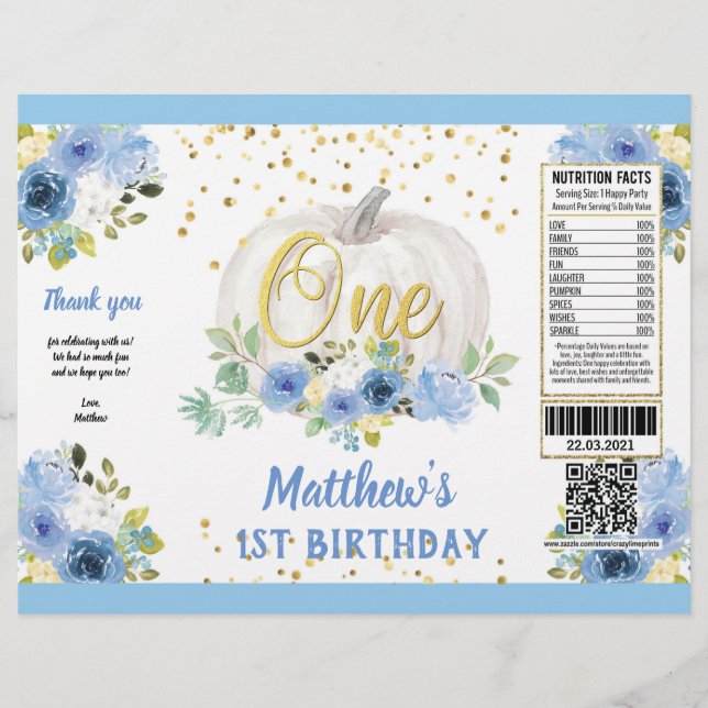 Pumpkin Boy 1st Birthday Blue Chip Bag Wrapper (Front)