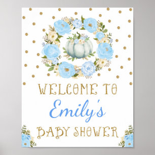 Pumpkin Boy Baby Shower Welcome Sign Blue Floral