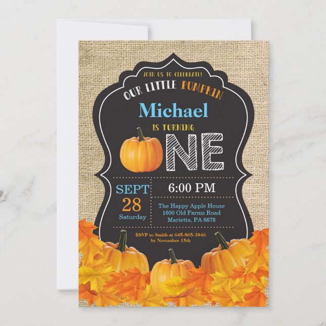 Pumpkin Boy First Birthday Invitation Blue Burlap (Front)