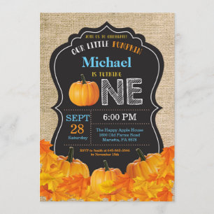 Pumpkin Boy First Birthday Invitation Blue Burlap