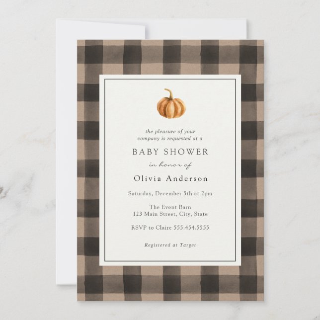 Pumpkin Buffalo Plaid Baby Shower Invitation (Front)
