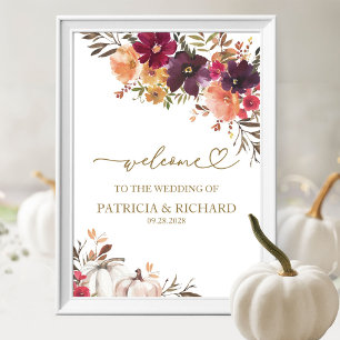Pumpkin Burgundy Floral Fall Wedding Welcome Poster