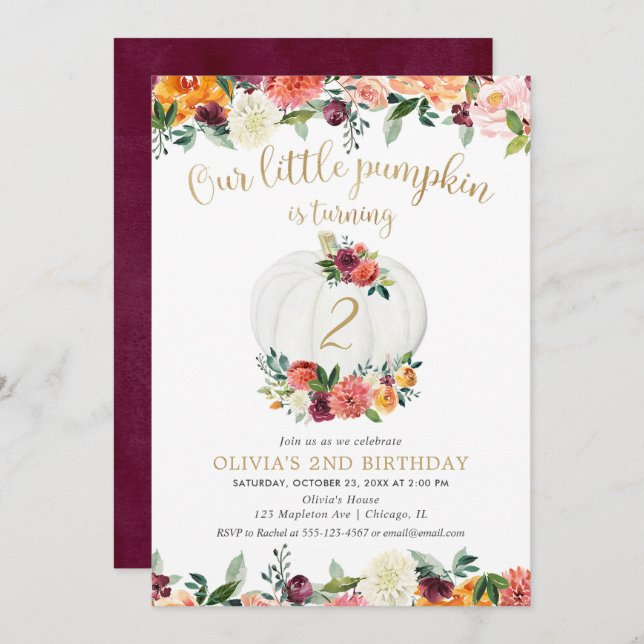 Pumpkin burgundy gold floral any age birthday invitation (Front/Back)