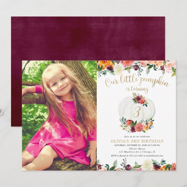 Pumpkin burgundy gold floral any age photo invitation (Front/Back)