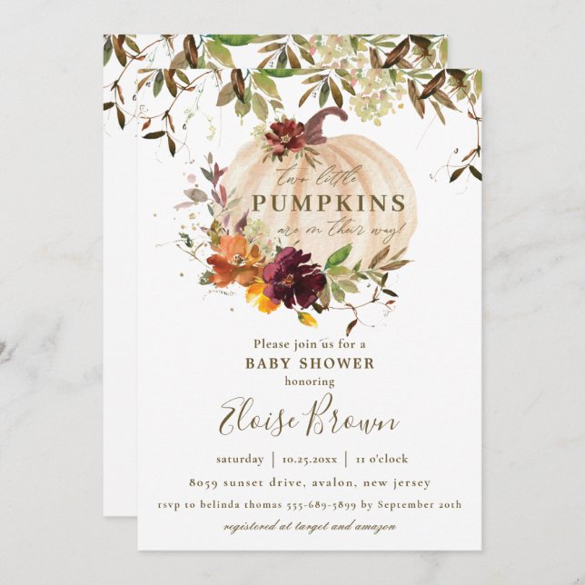 Pumpkin Burgundy Orange Floral Twins Baby Shower  Invitation (Front/Back)