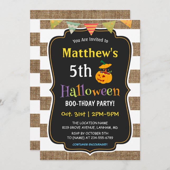 Pumpkin Burlap Halloween Kids Birthday Party Invitation (Front/Back)