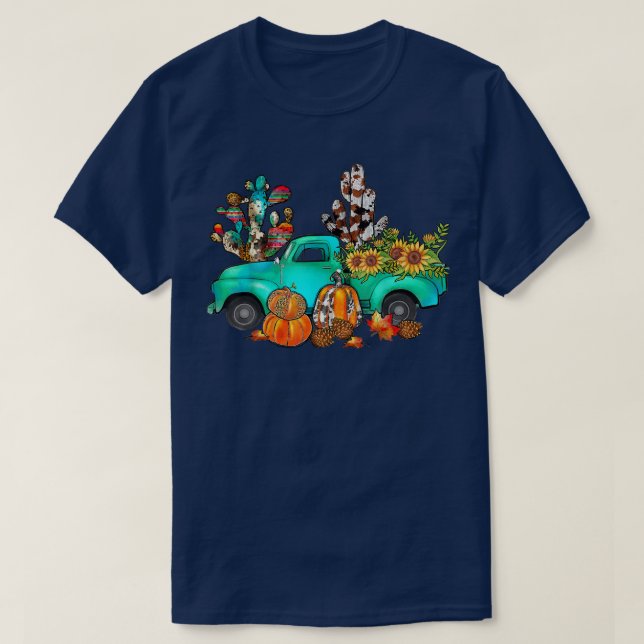 Pumpkin Cactus Fall Truck Sunflower Western Cowhid T-Shirt (Design Front)