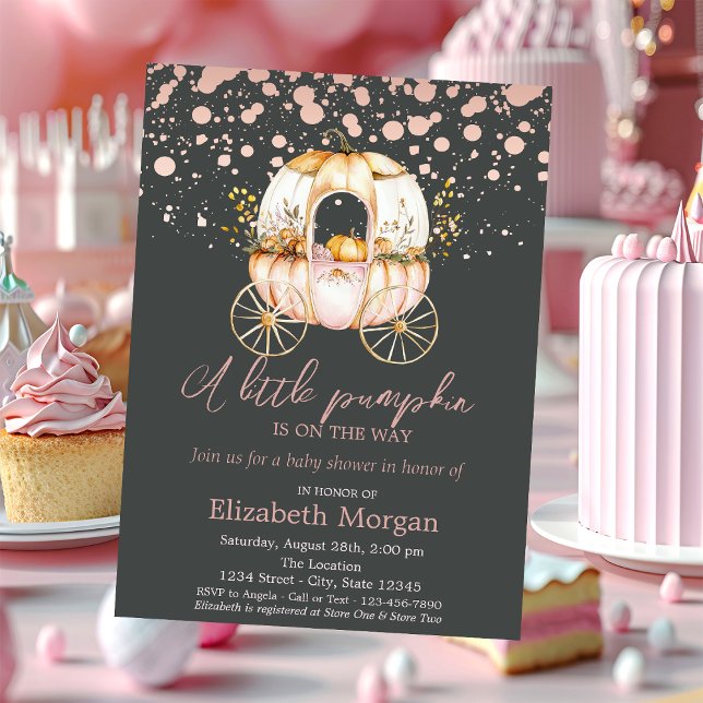Pumpkin Carriage Rose Gold Dots Baby Shower  Invitation (Creator Uploaded)