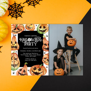 Pumpkin Carving Halloween Photo Birthday Invitation