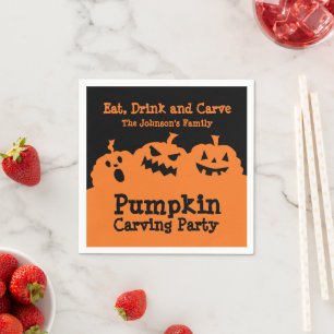 Pumpkin carving party orange black custom name napkin