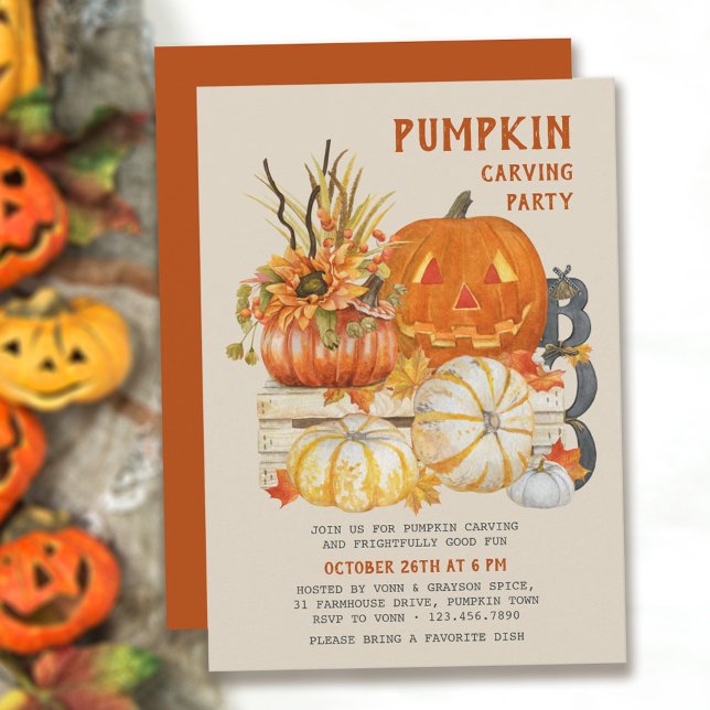 Pumpkin Carving Rustic Farmhouse Halloween Party Invitation (available printed or as a printable download)