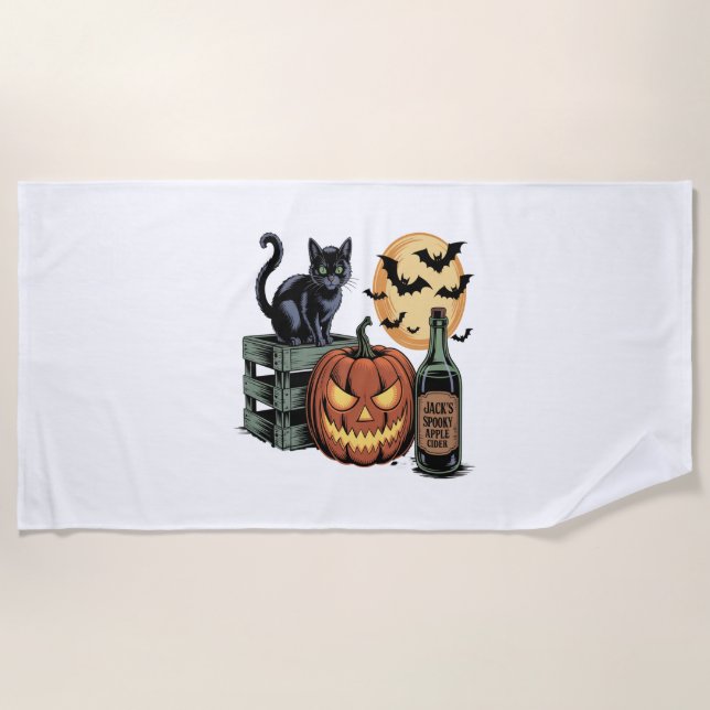 Pumpkin Cat Beer Halloween Beach Towel (Front)
