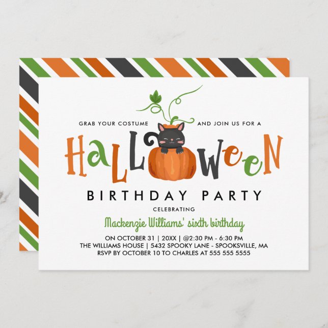 Pumpkin Cat - Halloween Birthday Party Invitation (Front/Back)