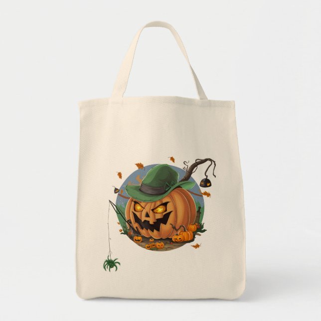 Pumpkin Catches Spider for Halloween Tote Bag (Front)