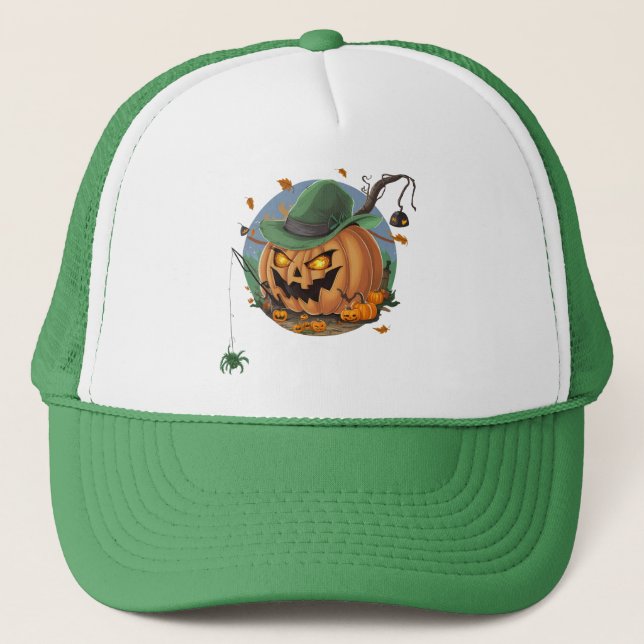 Pumpkin Catches Spider for Halloween Trucker Hat (Front)
