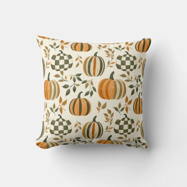 Pumpkin Chequered Fall Striped Orange Green Cushion (Front)