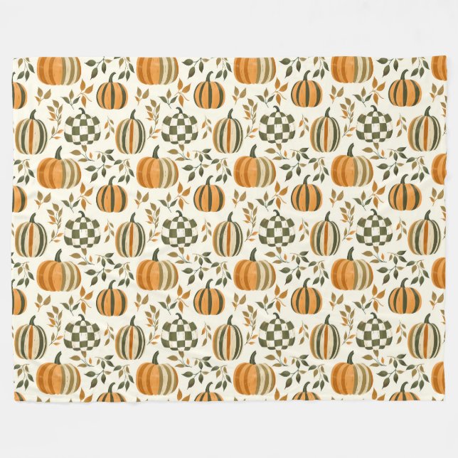 Pumpkin Chequered Fall Striped Orange Green Fleece Blanket (Front (Horizontal))