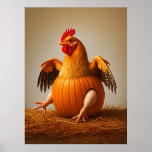 Pumpkin Chicken Art, Funny Chicken Wall Art