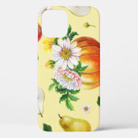 Pumpkin, chrysanthemum: autumn fruit illustration.