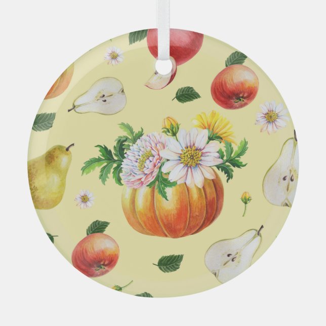 Pumpkin, chrysanthemum: autumn fruit illustration. glass tree decoration (Front)