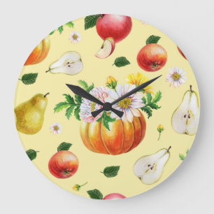 Pumpkin, chrysanthemum: autumn fruit illustration. large clock