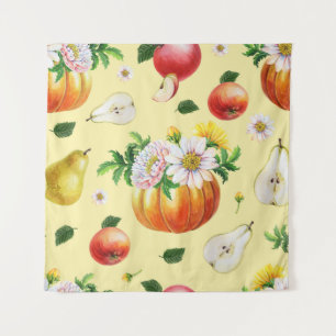 Pumpkin, chrysanthemum: autumn fruit illustration. tapestry
