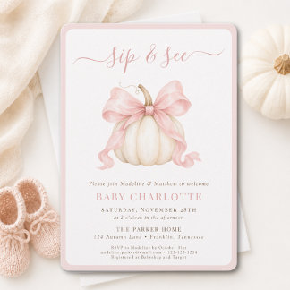 Pumpkin Coquette Pink Bow Baby Girl Sip And See Invitation