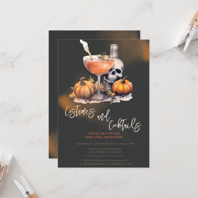 Pumpkin Costumes & Cocktail Black Halloween Invitation (Front/Back In Situ)