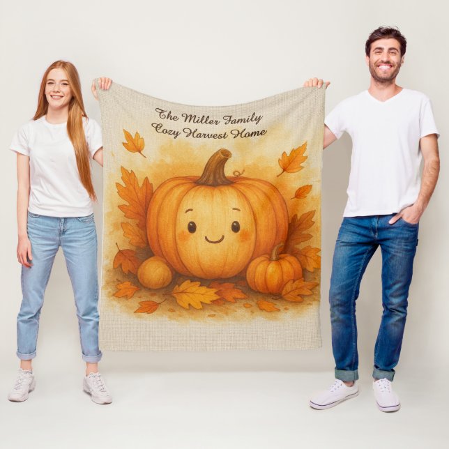  pumpkin - cosy harvest home & family name script fleece blanket (In Situ)