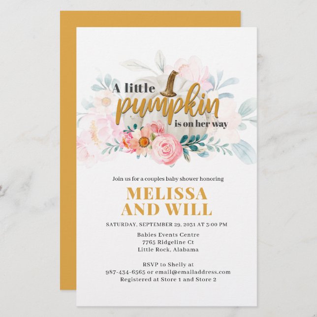 Pumpkin Couples Baby Shower Floral Invitation Stationery (Front/Back)