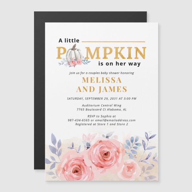 Pumpkin Couples Baby Shower Watercolor Lilac Pink Magnetic Invitation (Front/Back)