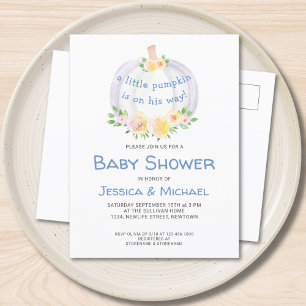 Pumpkin Couples Blue Baby Shower Postcard Invite