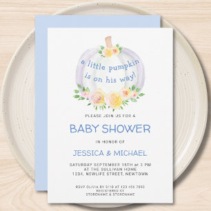Pumpkin Couples Boys Blue Baby Shower Invitation