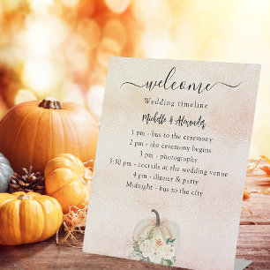 Pumpkin cream blush fall wedding program timeline pedestal sign