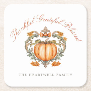 Pumpkin Crest Script Thankful Grateful Blessed Square Paper Coaster