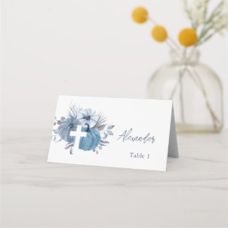 Pumpkin Cross Fall Boy Baptism Place Card