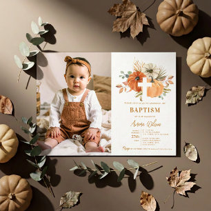 Pumpkin Cross Fall Photo Baptism Invitation
