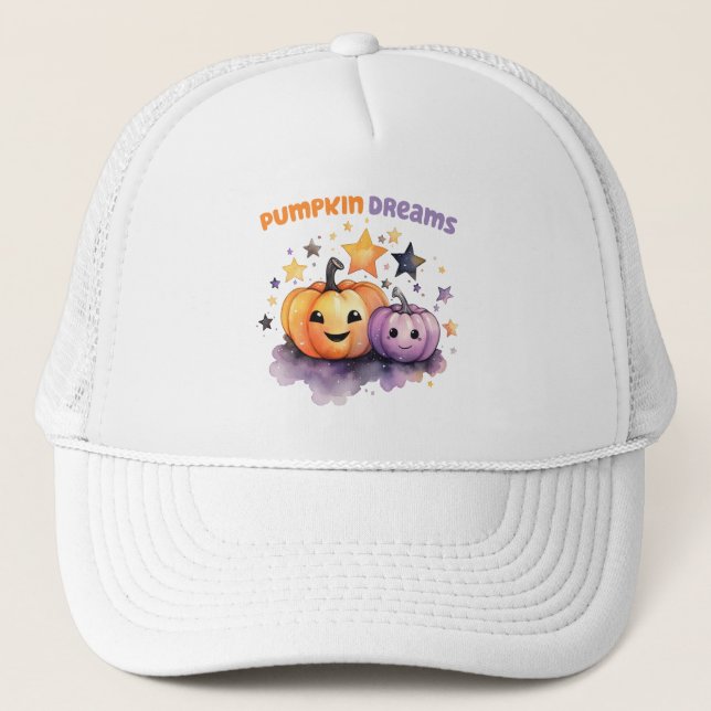 Pumpkin Dreams – Cute Pastel Purple and Orange Trucker Hat (Front)