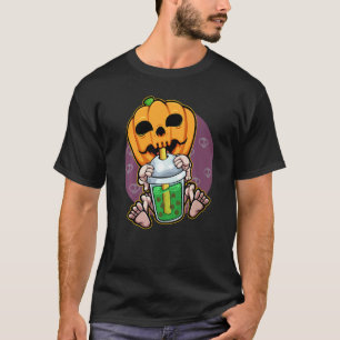 Pumpkin Drinking Boba Lazy Halloween Costume Jack  T-Shirt