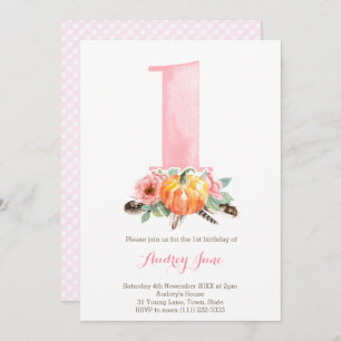 Pumpkin Dusky Pink Roses 1st Birthday Party Invitation