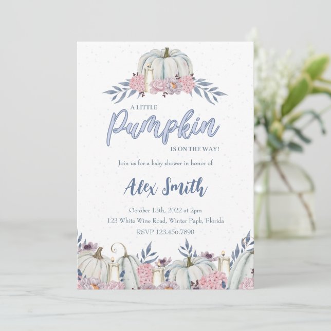 Pumpkin Dusty Blue Baby Shower Invitation Boy (Standing Front)