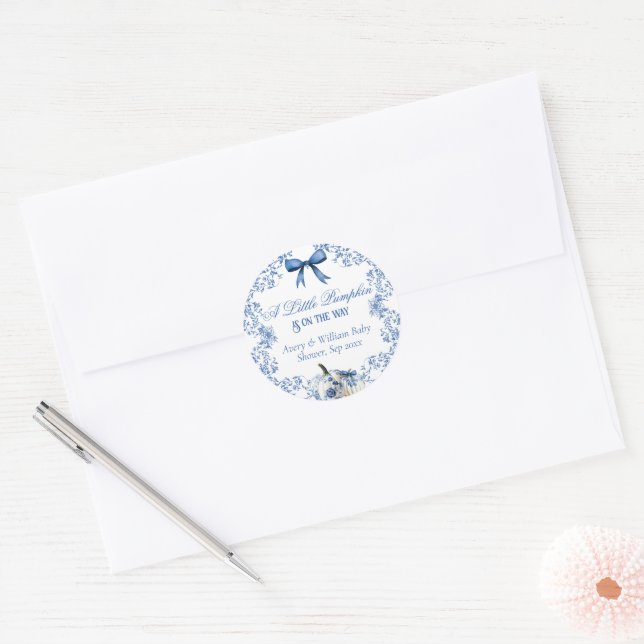 Pumpkin Dusty Blue Whimsical Floral Baby Shower Classic Round Sticker (Envelope)