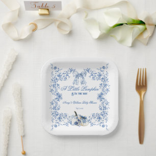 Pumpkin Dusty Blue Whimsical Floral Baby Shower Paper Plate