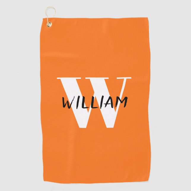 Pumpkin | Elegant Black Name and White Initial  Golf Towel (Front)