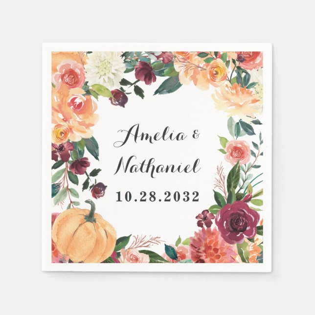 Pumpkin Elegant Fall Floral Rustic Themed Wedding Napkin (Front)