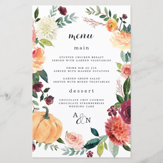 Pumpkin Elegant Fall Floral Wedding Menu Cards (Front)