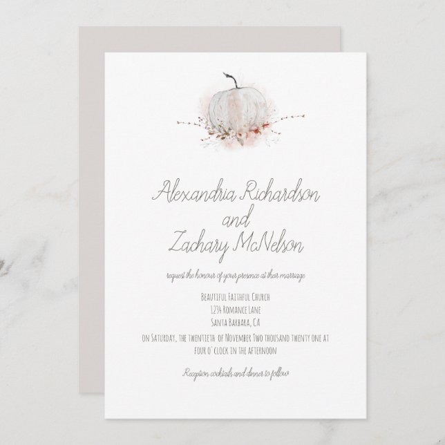 Pumpkin Elegant Rustic Fall Watercolor Wedding Invitation (Front/Back)